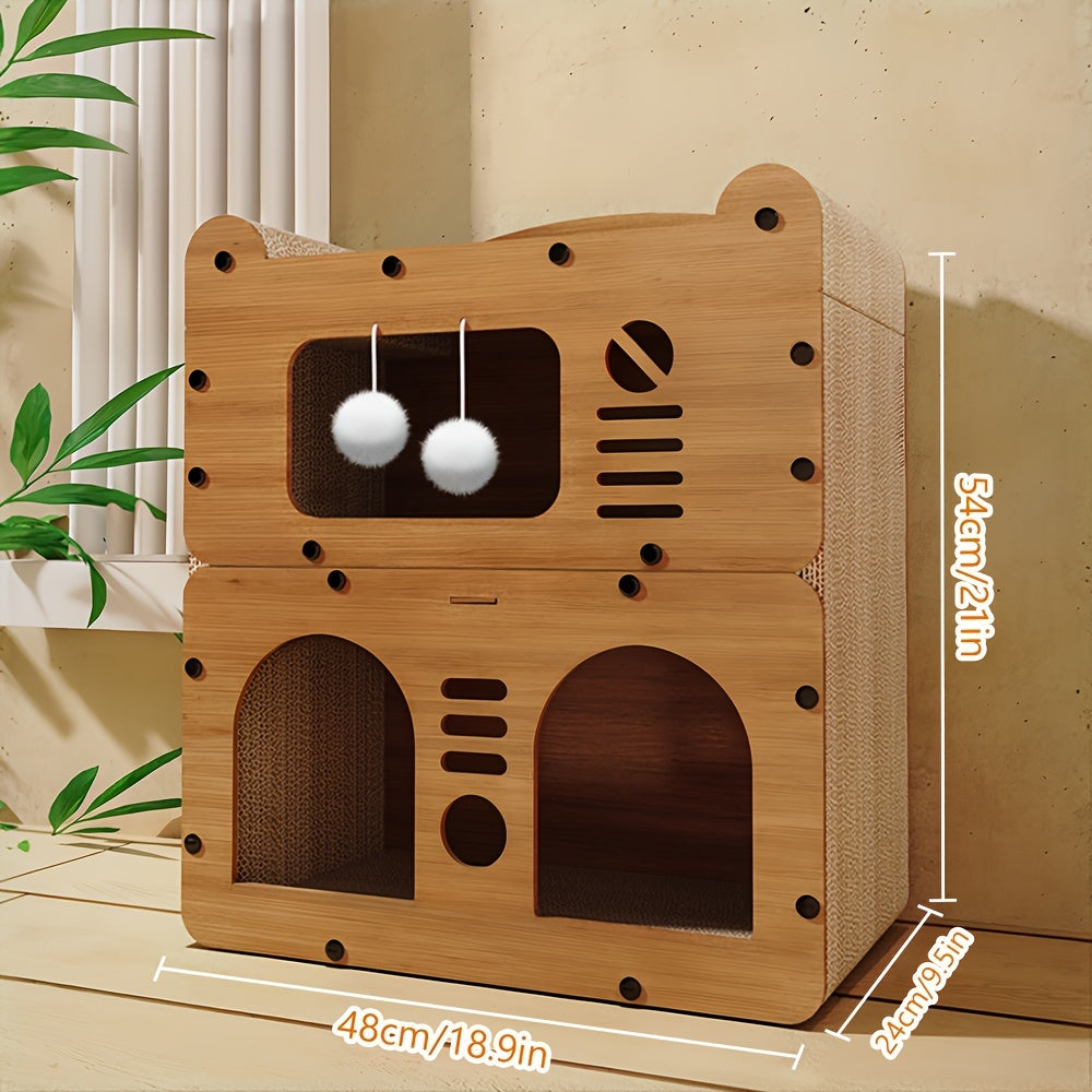 Spacious Wooden Cat House for Indoor  Outdoor Use  MultiFeature Condo with Dual Scratching Boards Plush Balls and Ventilation Doors Ideal for Cats